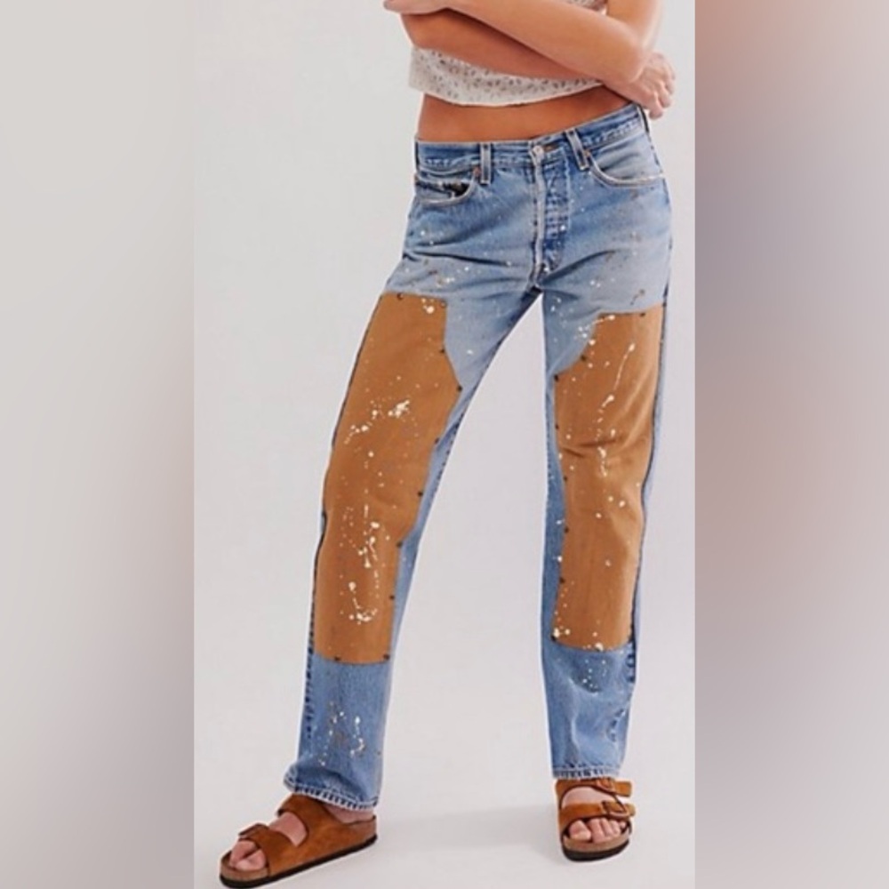 Tricia Fix Light Blue Denim Jeans with Brown Patch Panels - Picture 2 of 8